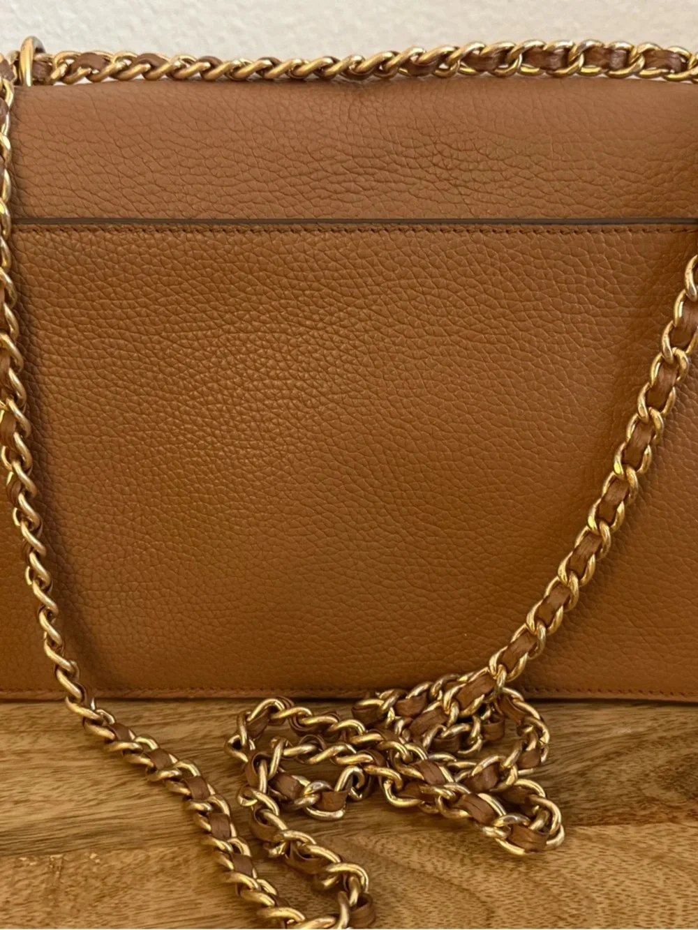 Tory Burch Tan Pebbled Leather Chain Crossbody with Gold Logo